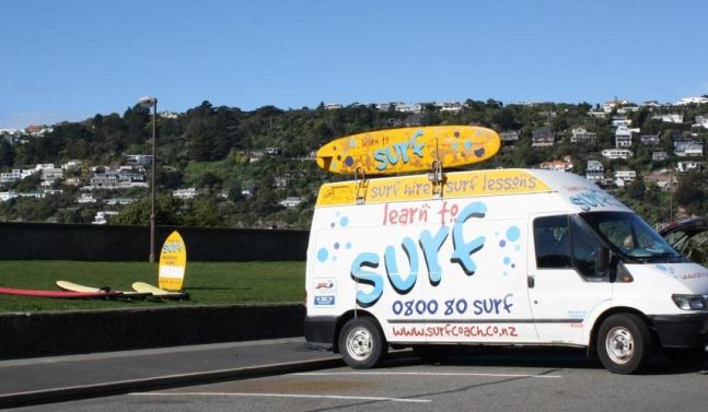 Learn to surf van and surf boards Christchurch